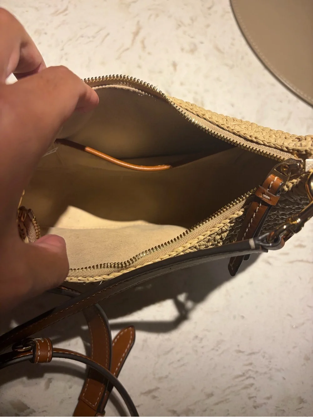 Tory Burch Natural Raffia Crescent Crossbody with Tan Leather Strap